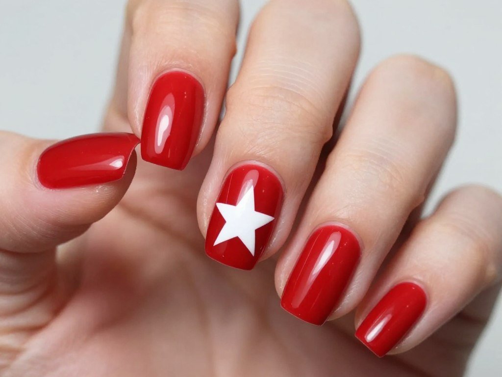 Short red nails with one large white star on accent nail