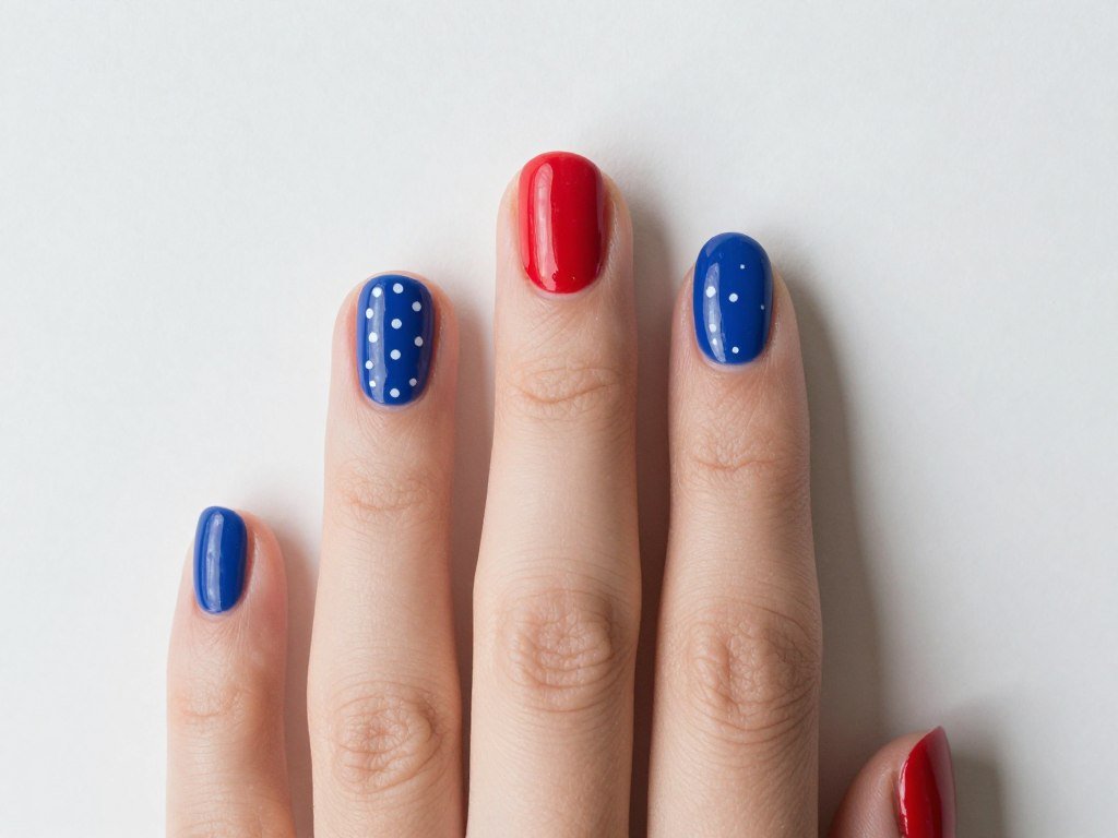 Short solid colored nails with few polka dot accents