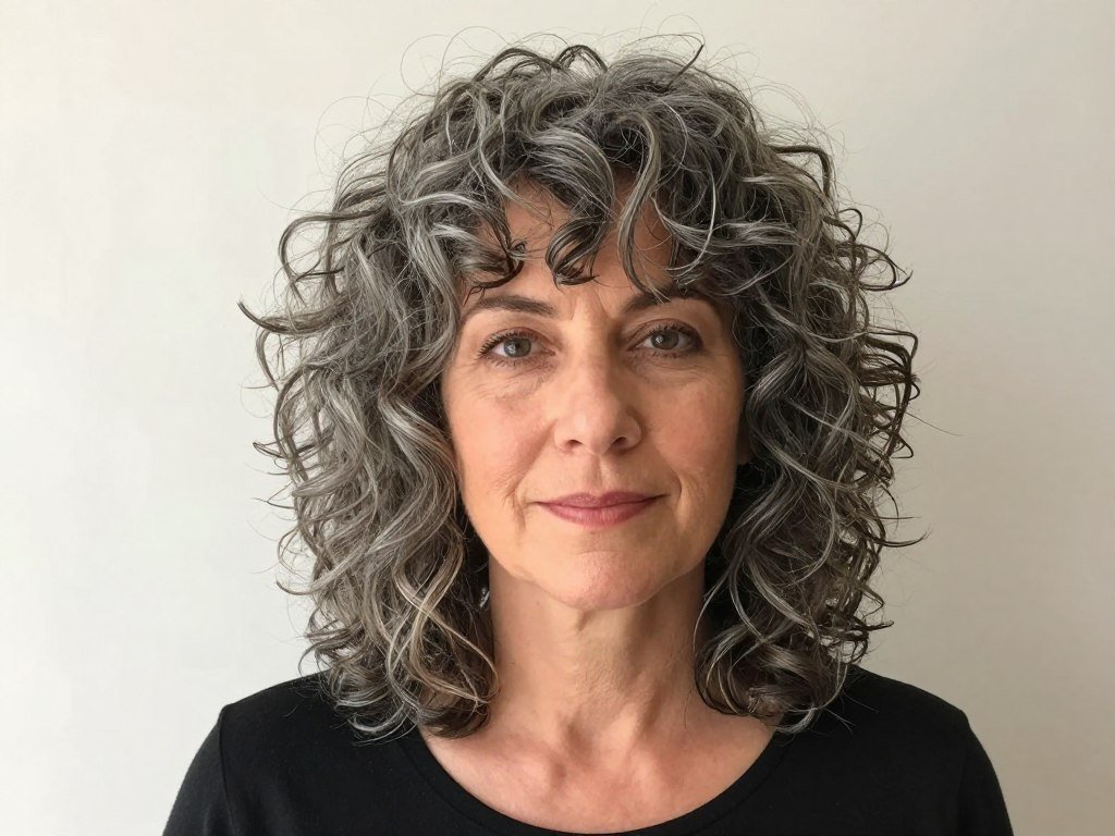 Shoulder-length curly shag with choppy layers