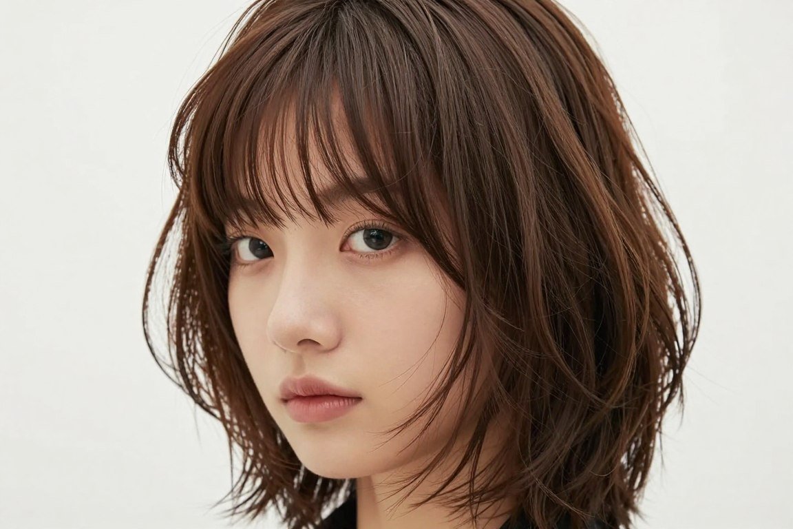 Shoulder-length shag haircut with curtain bangs and natural texture