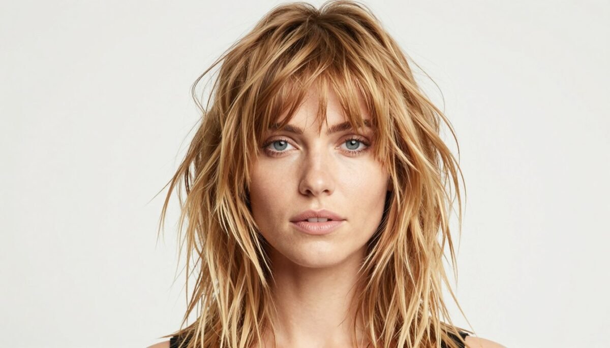 Shoulder-length shag haircut with long sweeping bangs