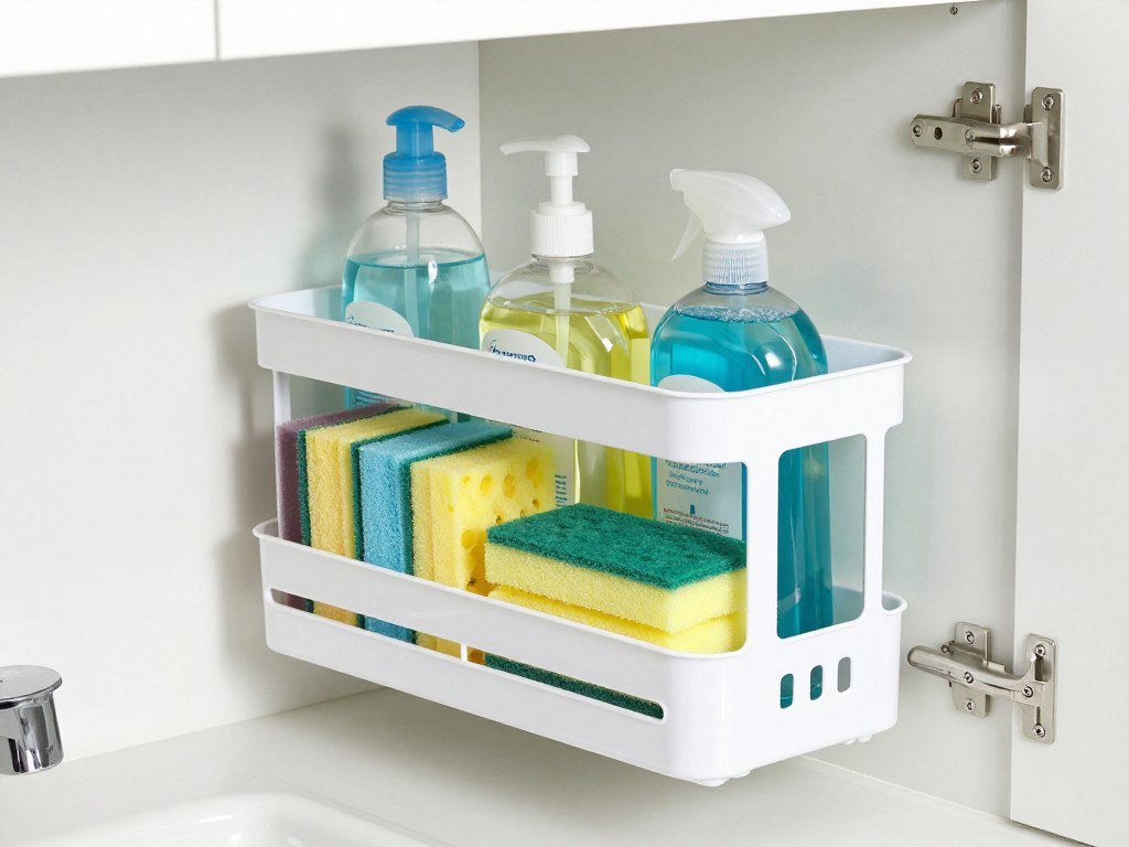 Shower caddy organizing cleaning supplies under kitchen sink