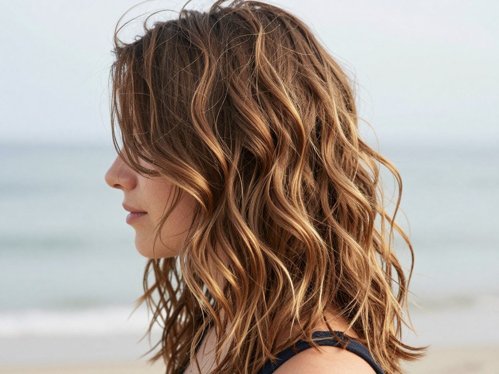 Side angle of beachy wave shag showing natural movement