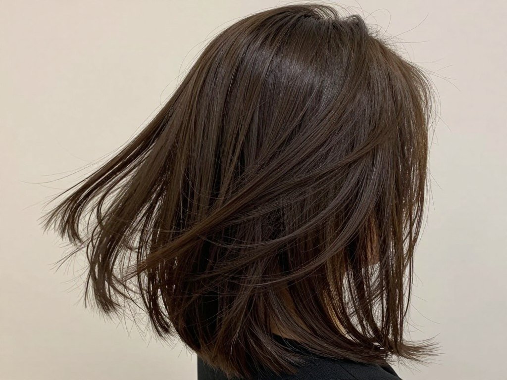 Side angle of dark hair shag showing natural shine and movement