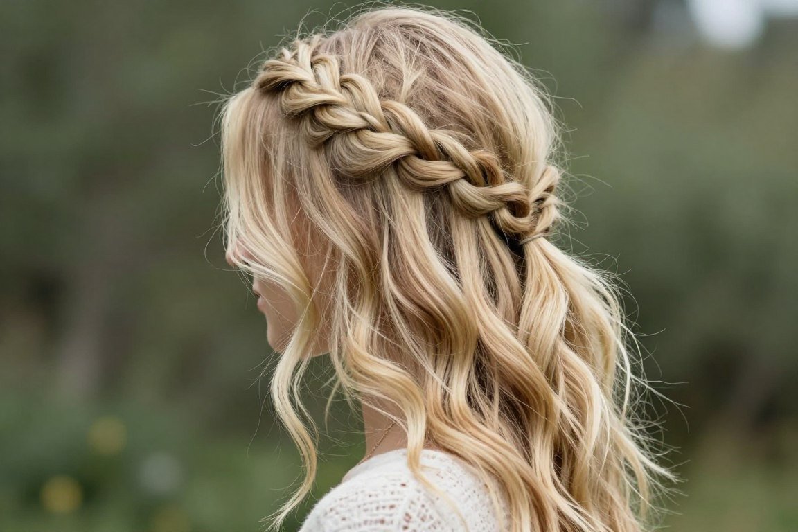 Side braid with waves for medium hair prom style