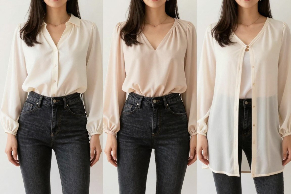 Side-by-side comparison showing different tucking techniques with high-waisted jeans
