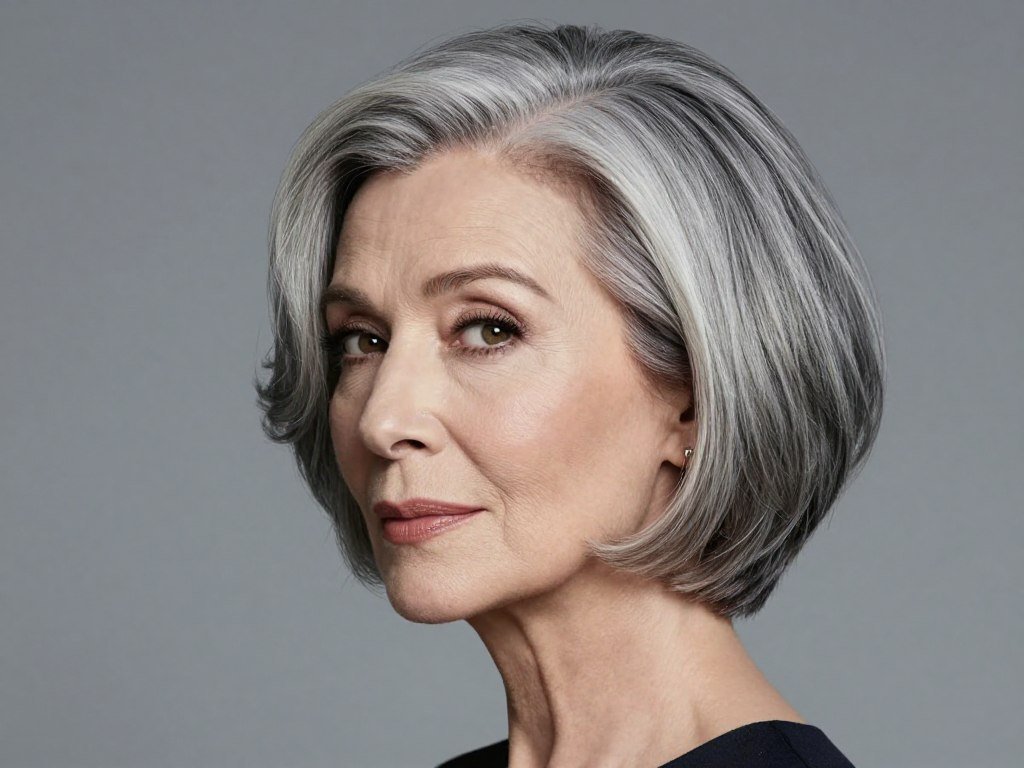 Side-parted bob hairstyle for mature women