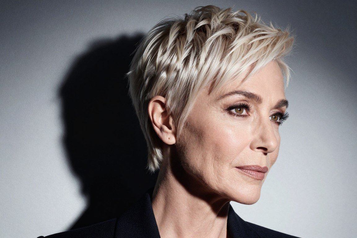 Side-parted pixie cut creating asymmetrical interest for mature women
