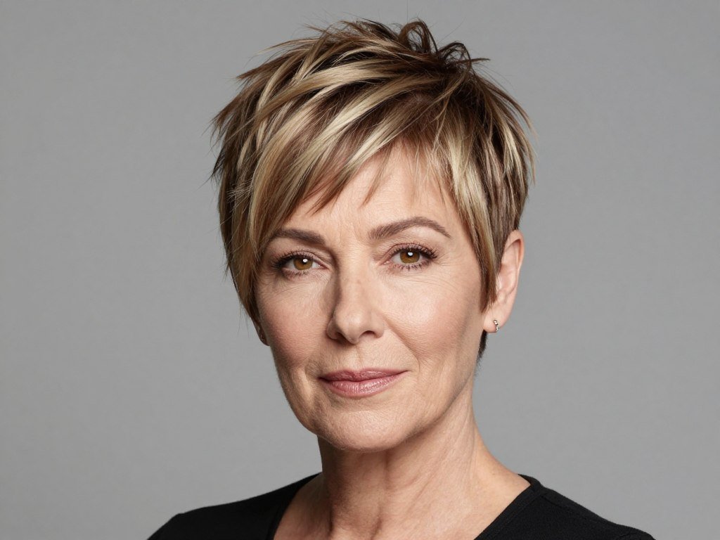 Side-swept pixie hairstyle for mature women