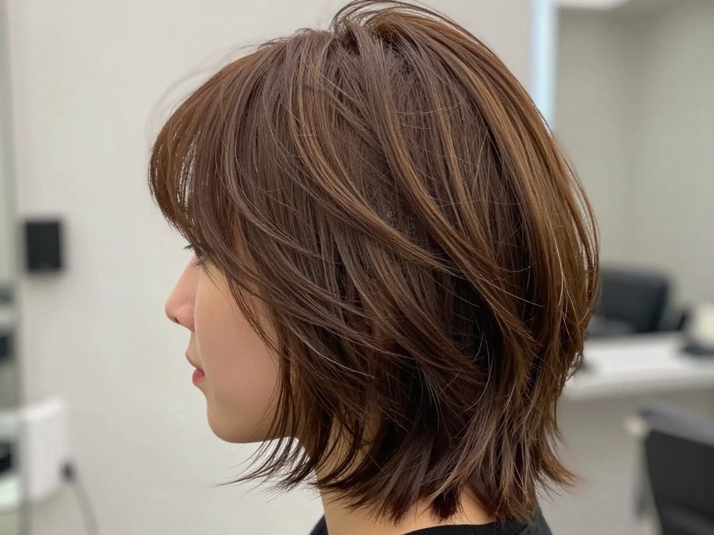Side view of classic shoulder-length shag with feathered layers