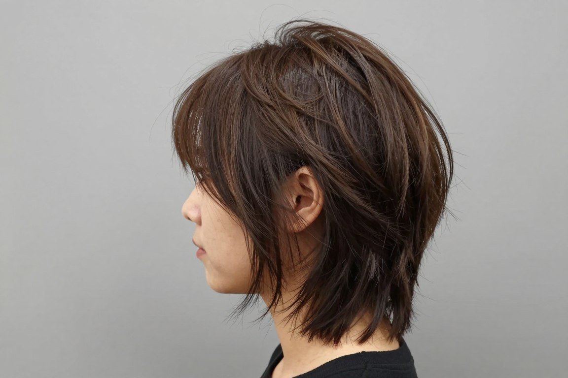 Side view of medium shaggy cut with choppy layers