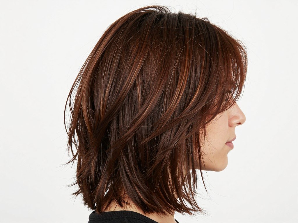 Side view of razored shag showing internal layering on thick hair