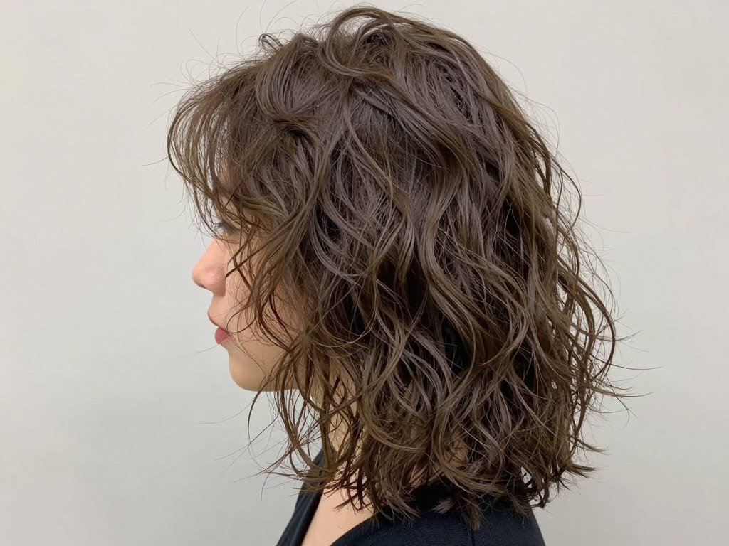 Side view of tousled wave shag showing natural movement