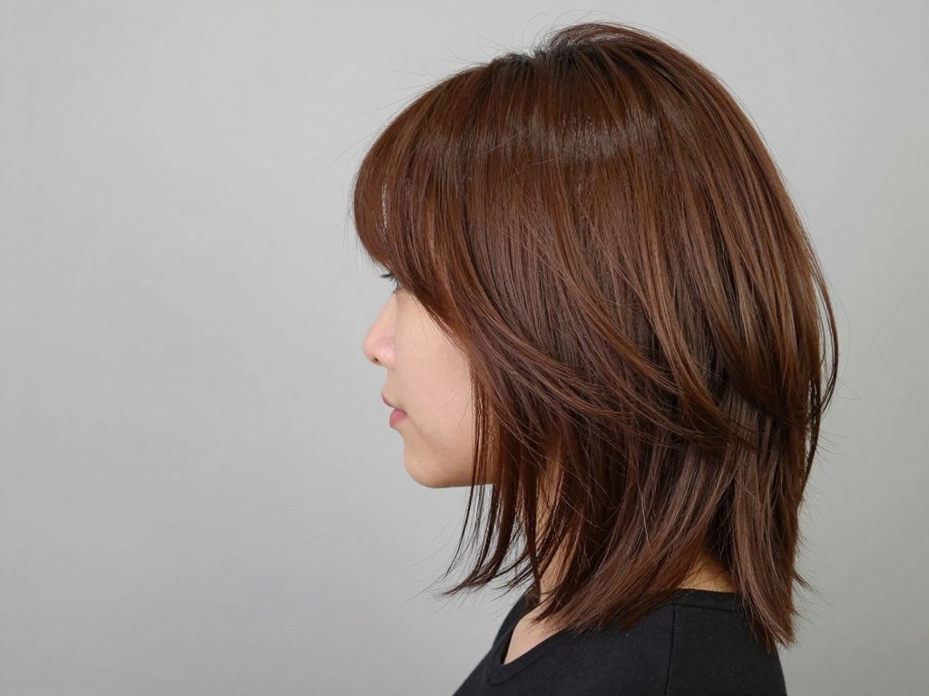 Side view showing long bang integration with shoulder-length shag