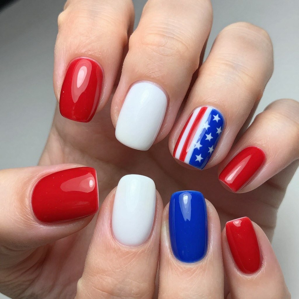 Simple alternating solid color manicure in red white and blue