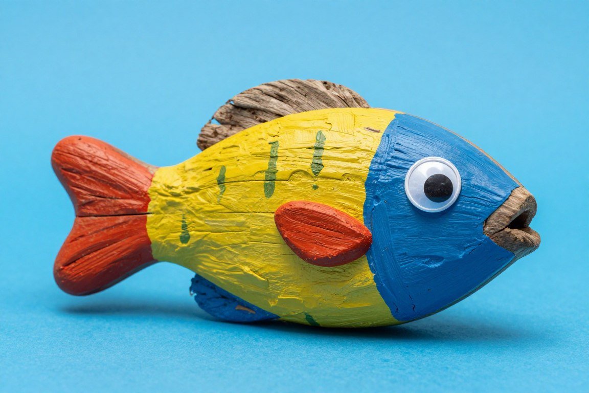 Simple painted driftwood fish craft made by kids displayed against blue background