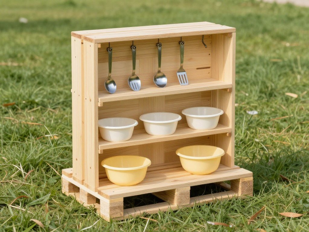Simple pallet mud kitchen standing upright with shelf storage and hanging utensils for DIY outdoor play