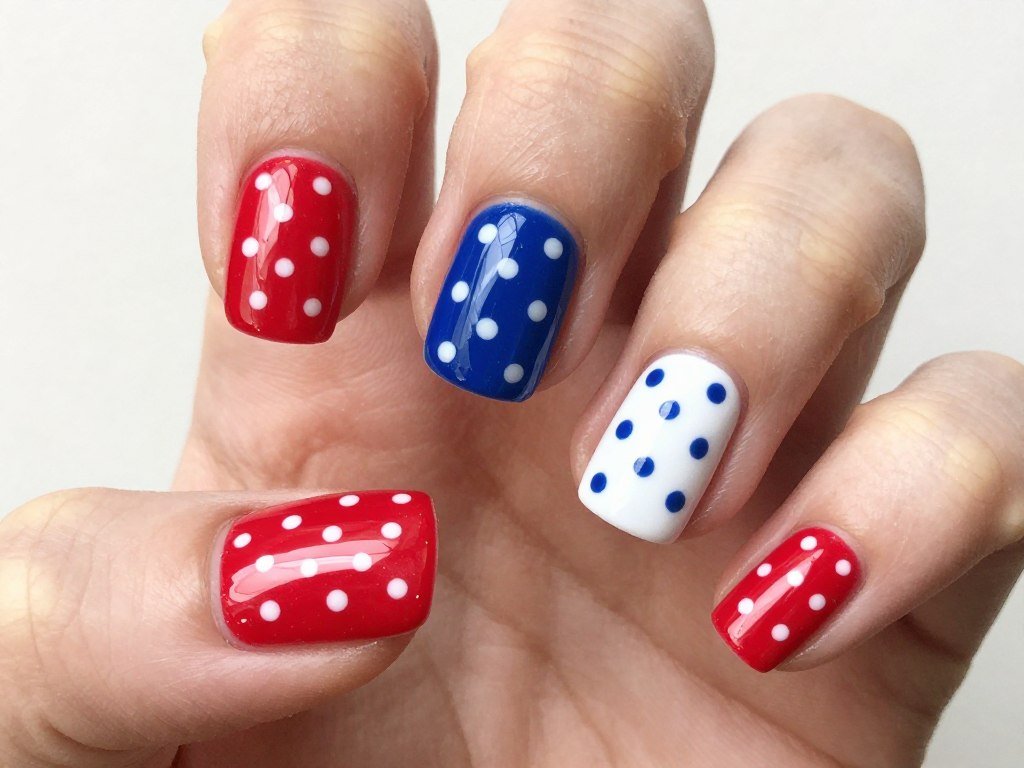 Simple polka dot nail design with red white and blue patriotic dots