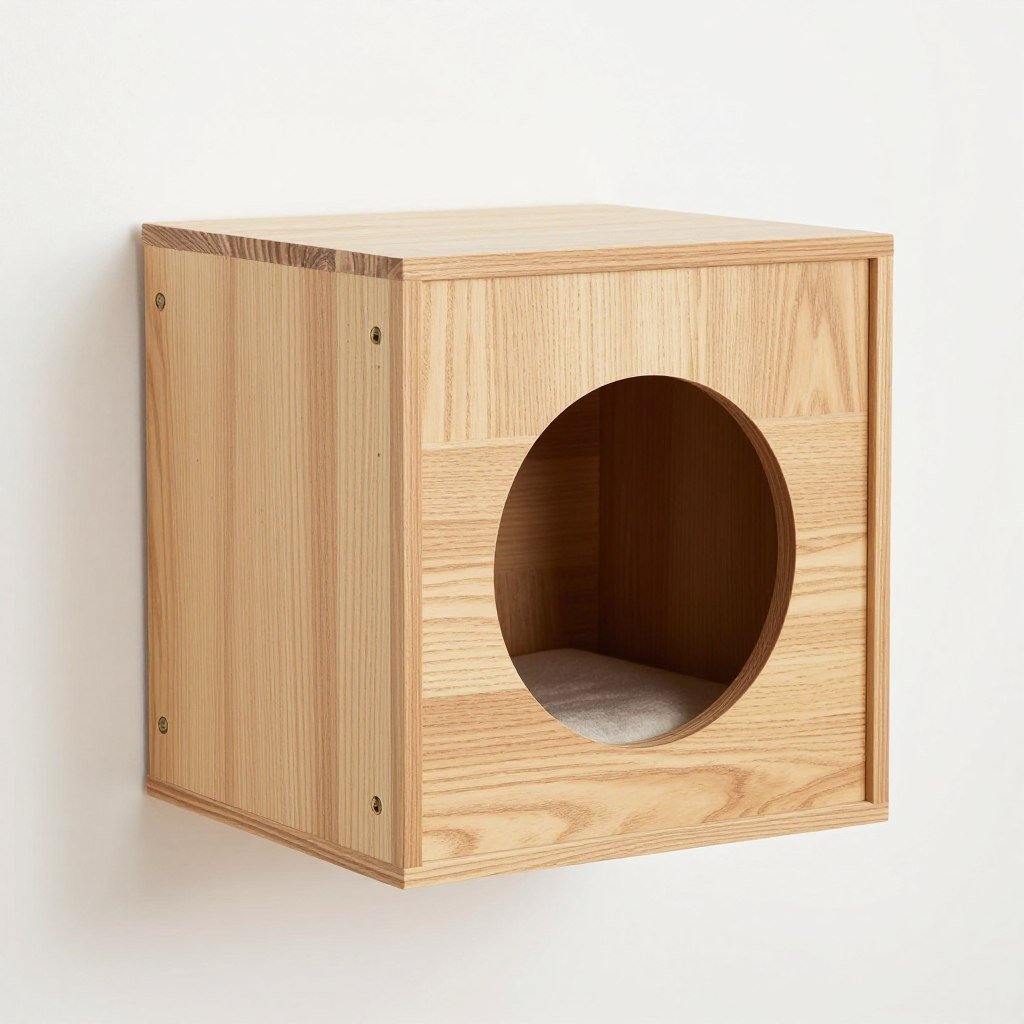 Single entrance cube cat shelter in natural wood