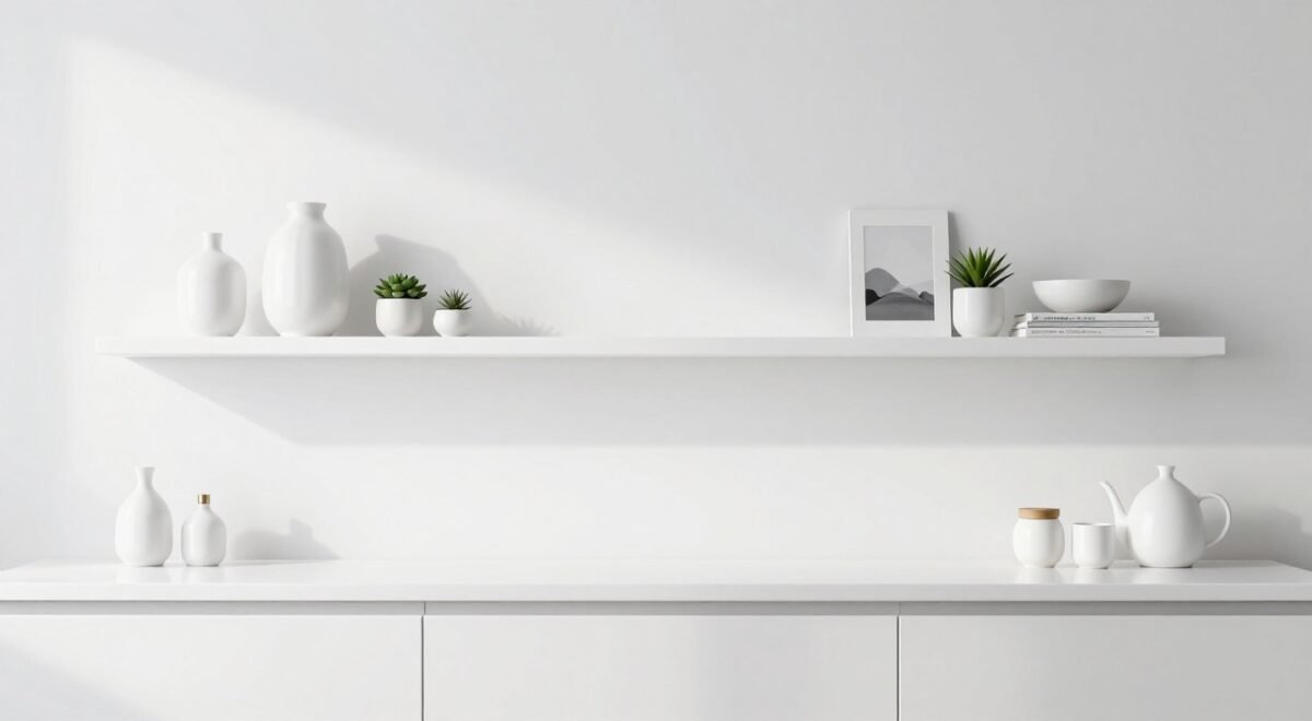 Single floating white shelf in modern minimalist kitchen with carefully curated items