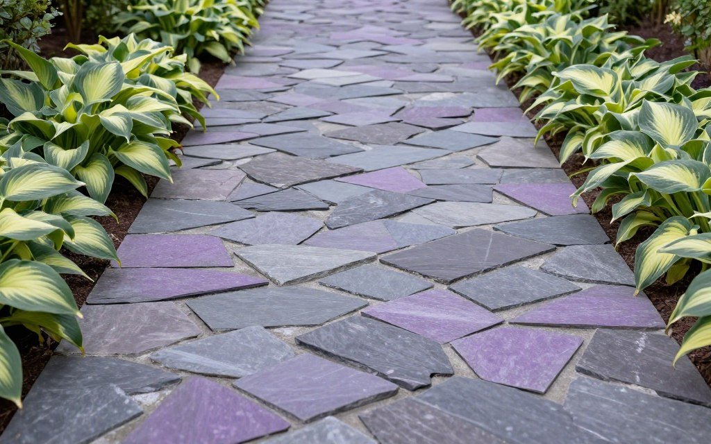 Slate chip garden path with purple-gray coloring