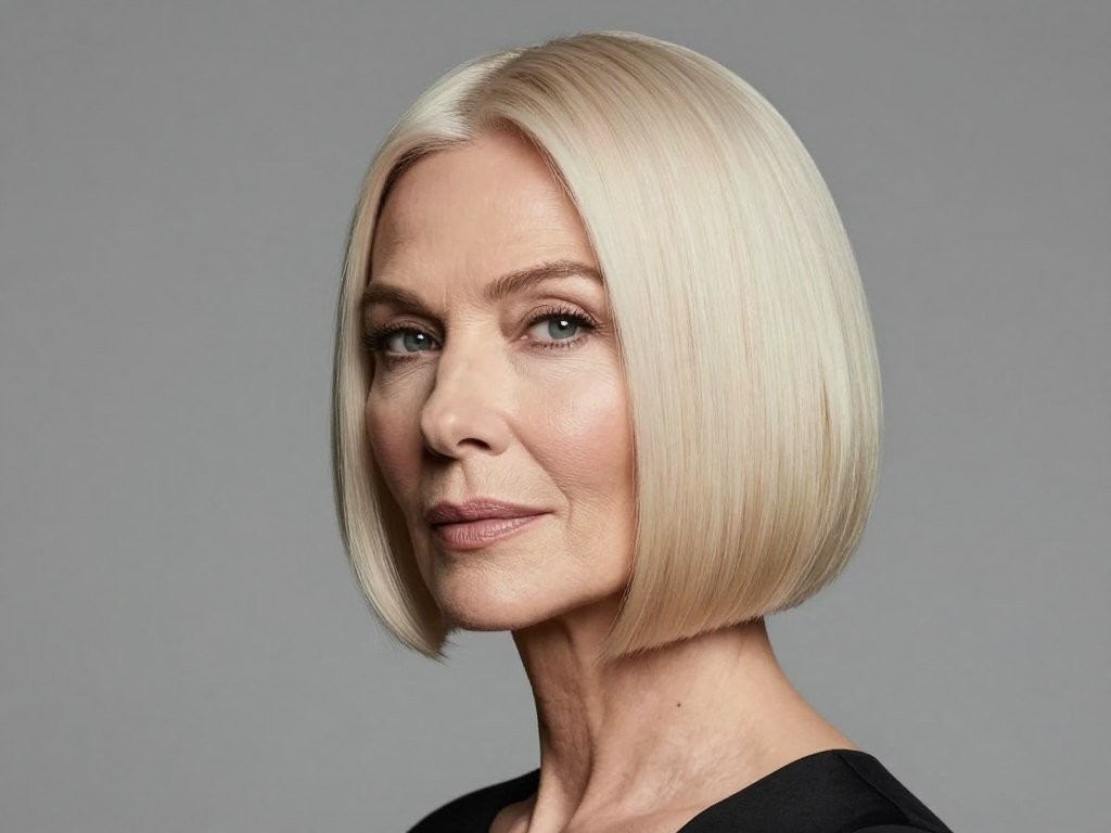 Sleek A-line bob for mature women with angled cut