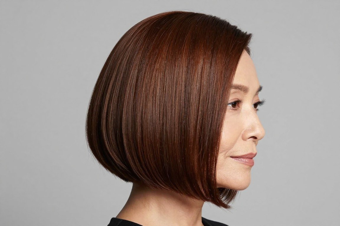Sleek graduated bob haircut for mature women showing angle and volume