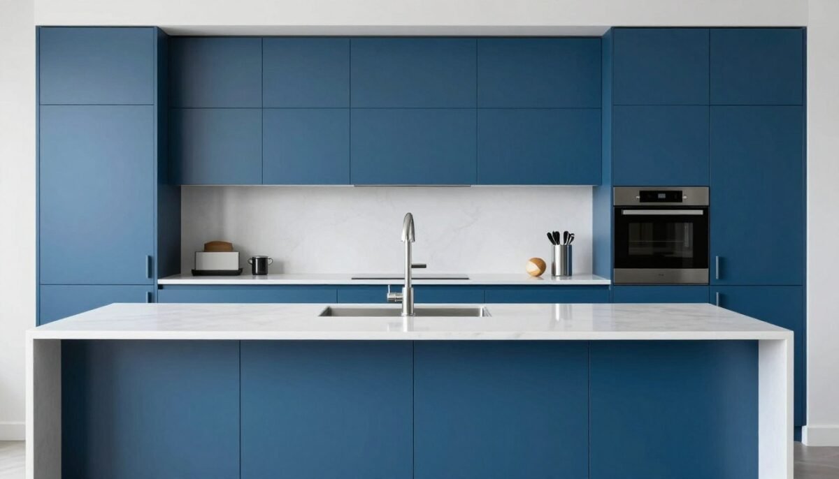 Sleek modern kitchen with cerulean blue flat-panel cabinets Sleek modern kitchen with cerulean blue flat-panel cabinets