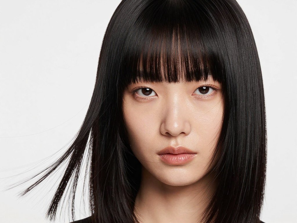 Sleek straight medium length hair with precisely cut curtain bangs