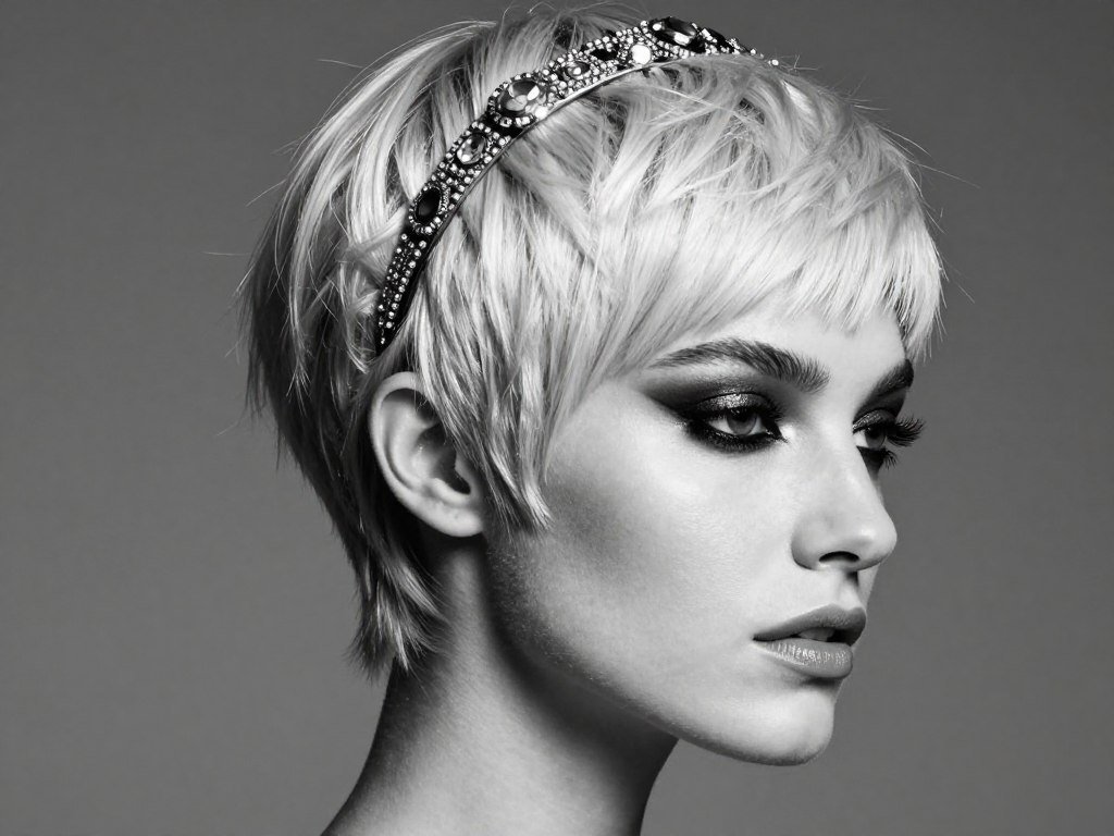 Slicked back pixie cut prom hairstyle with headband