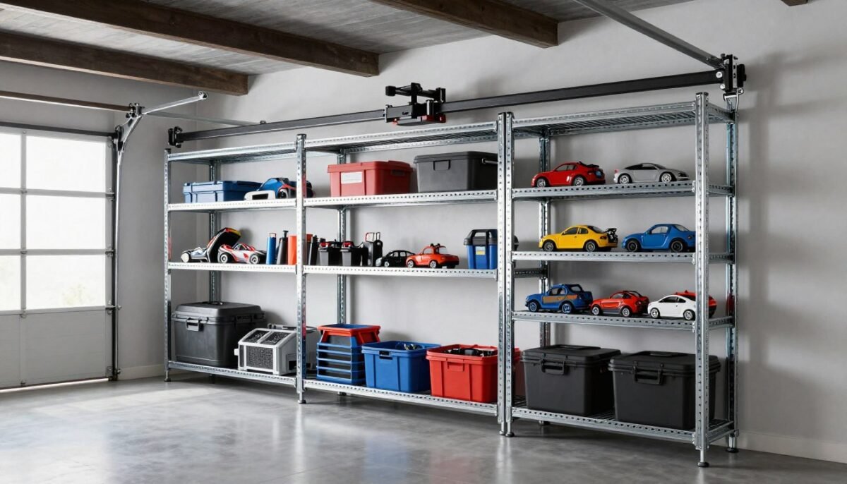 Sliding garage storage system with pull-out shelves