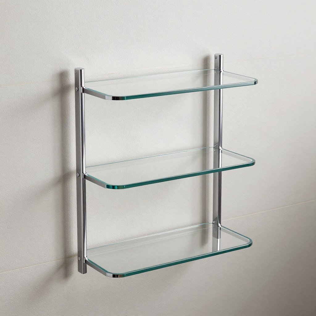 Slim chrome bathroom storage rack with glass shelves