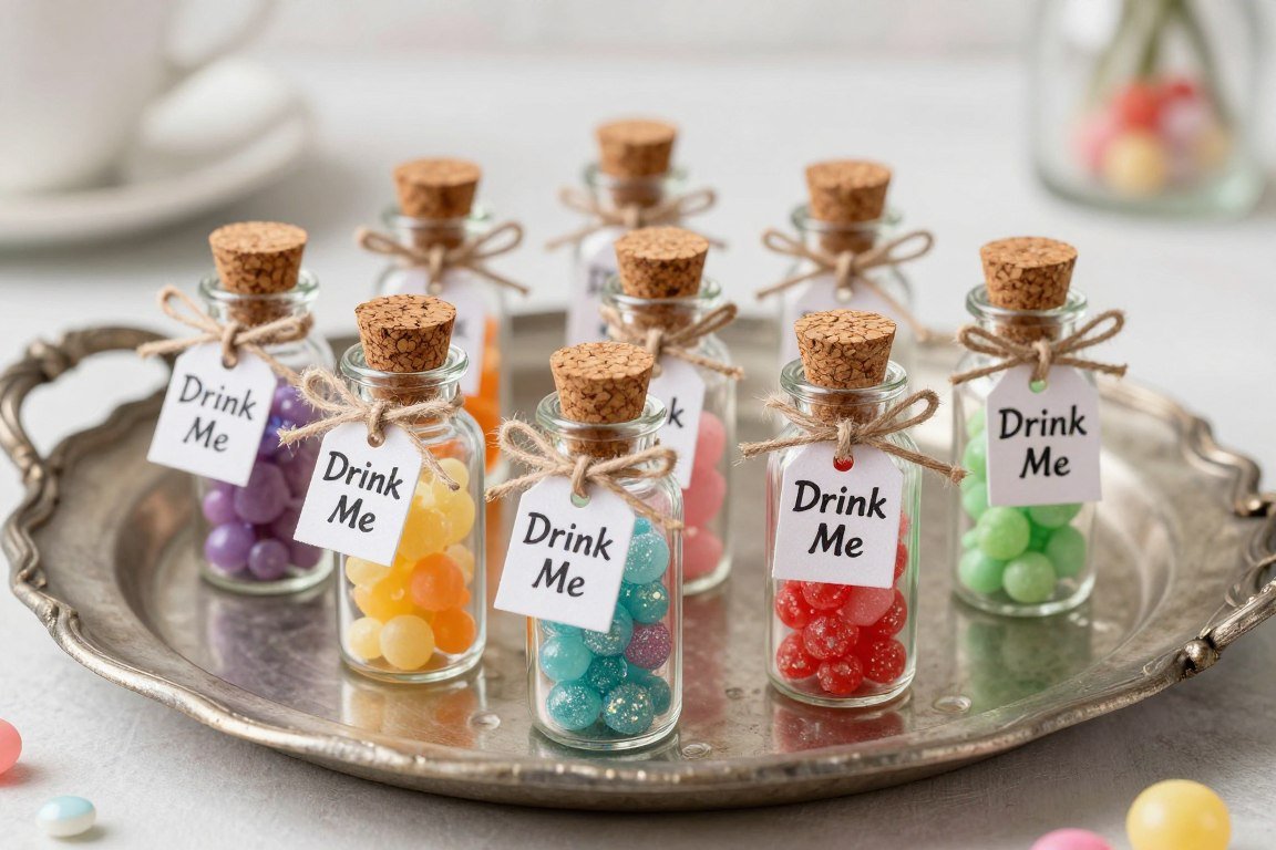 Small glass bottles with Drink Me tags as party favors