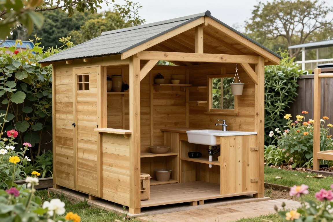 Small leaning shed structure with covered mud kitchen area protected from weather