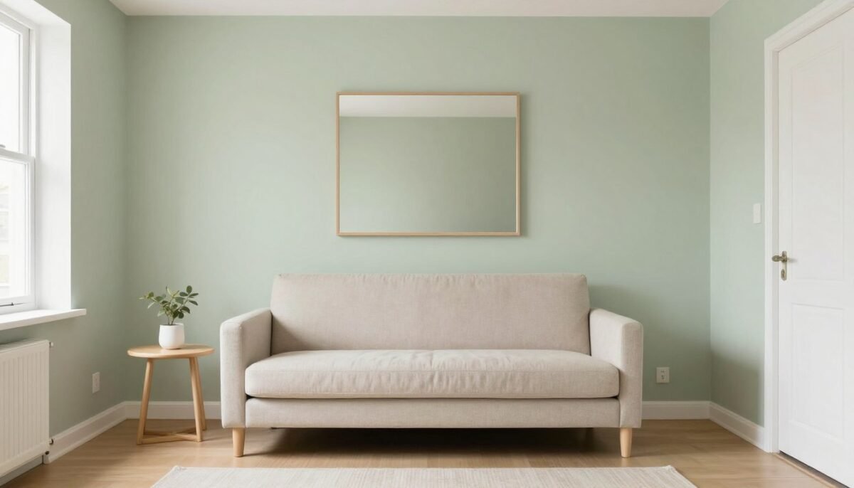 Small living room maximized with light green and beige colors