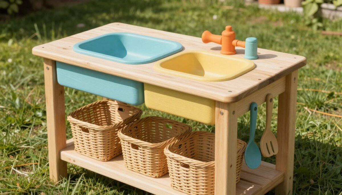 Small outdoor table converted to mud kitchen with sink basin and storage underneath