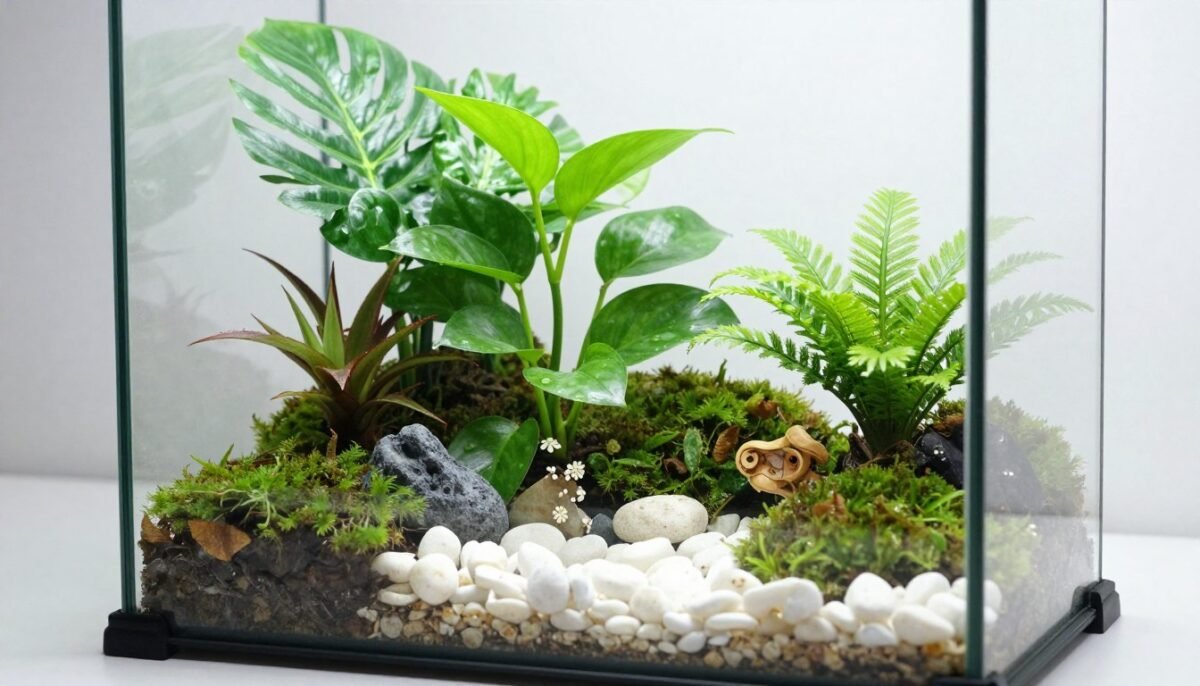 Small pothos plant growing in glass terrarium with decorative rocks and moss