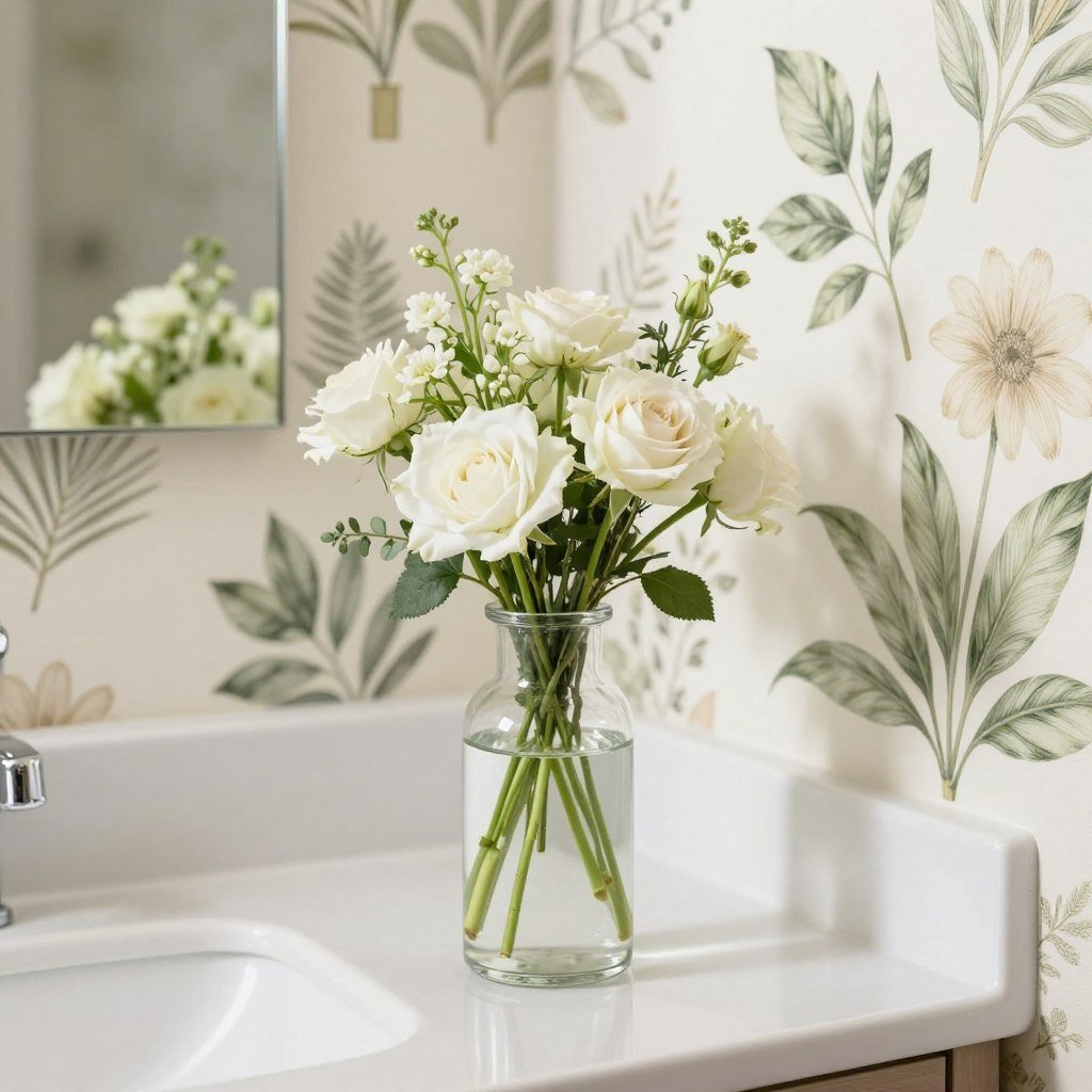 Small vase with flowers echoing wallpaper botanical theme