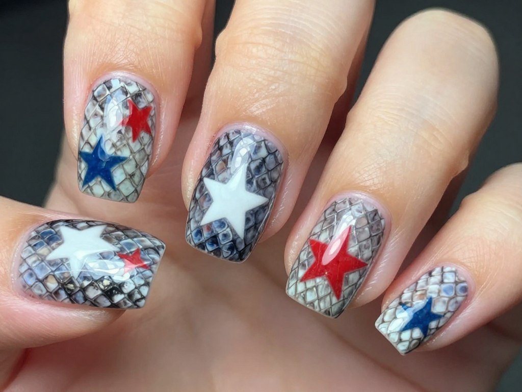Snake skin texture pattern with stars incorporated in patriotic colors