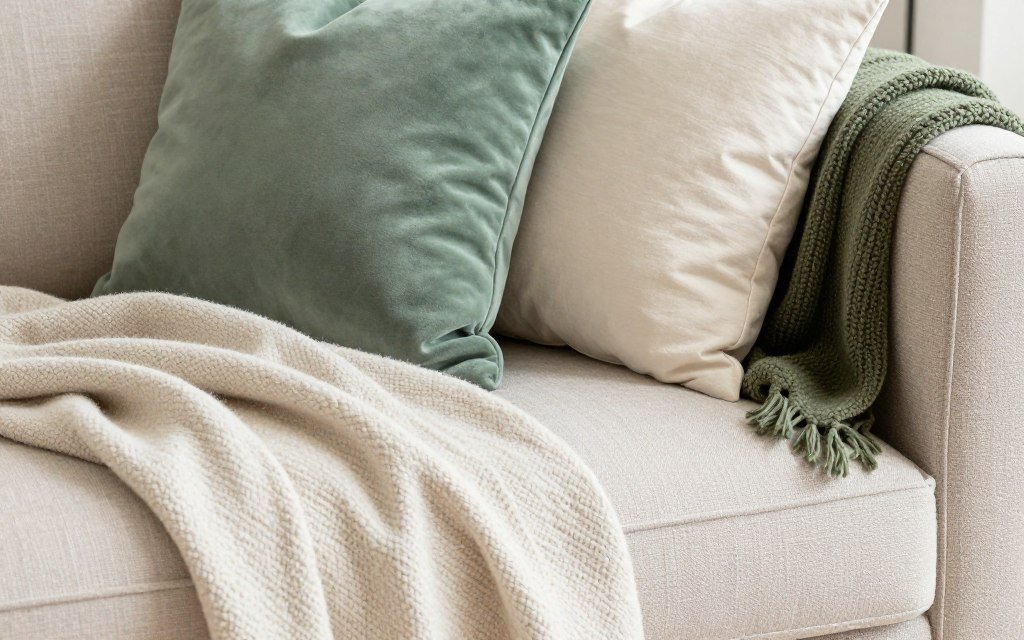 Sofa styled with layered green and beige textiles and pillows