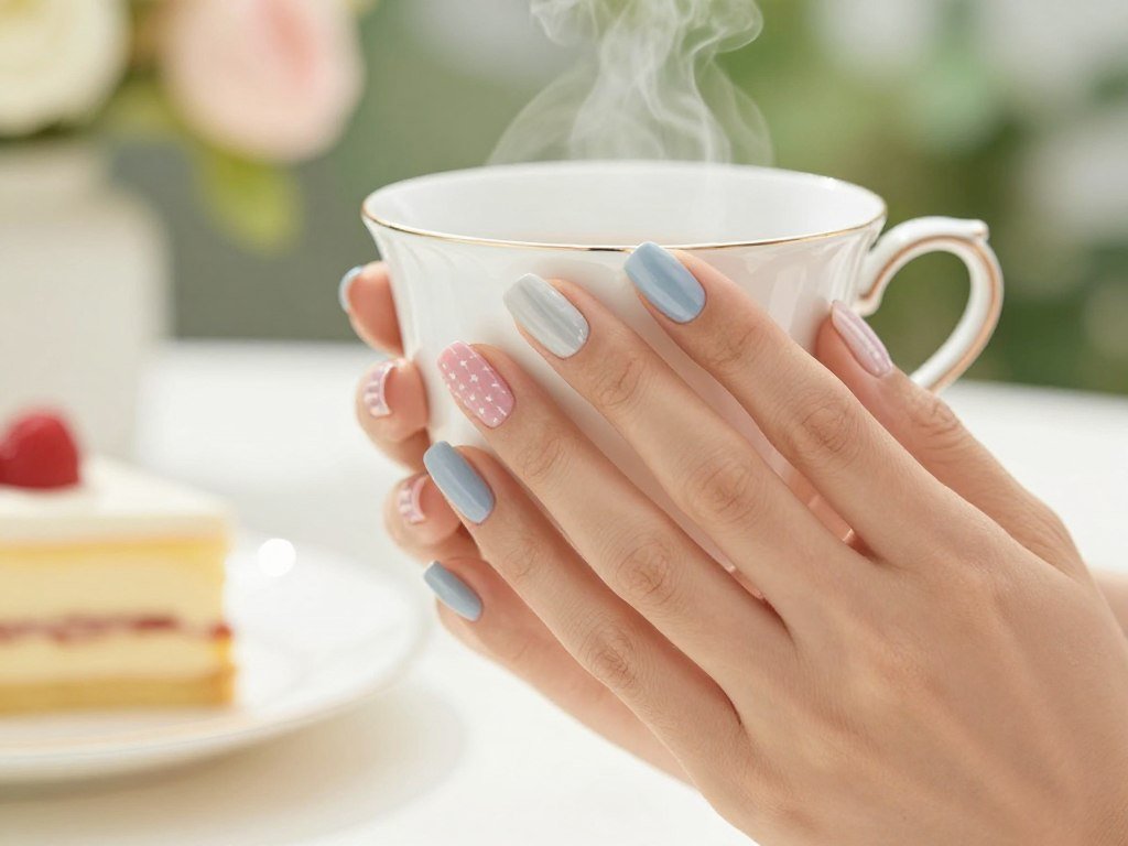 Soft pastel gel nail designs with gentle patriotic color scheme for July brunch