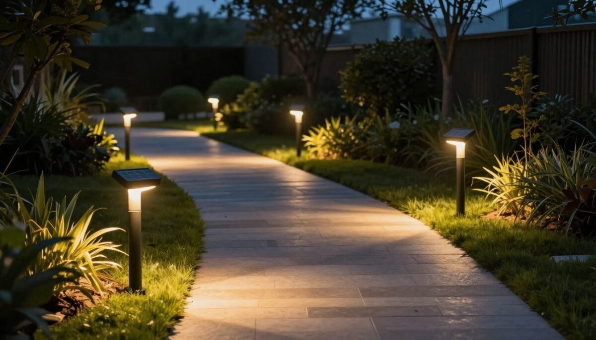 Solar stake lights illuminating garden path at dusk Solar stake lights illuminating garden path at dusk