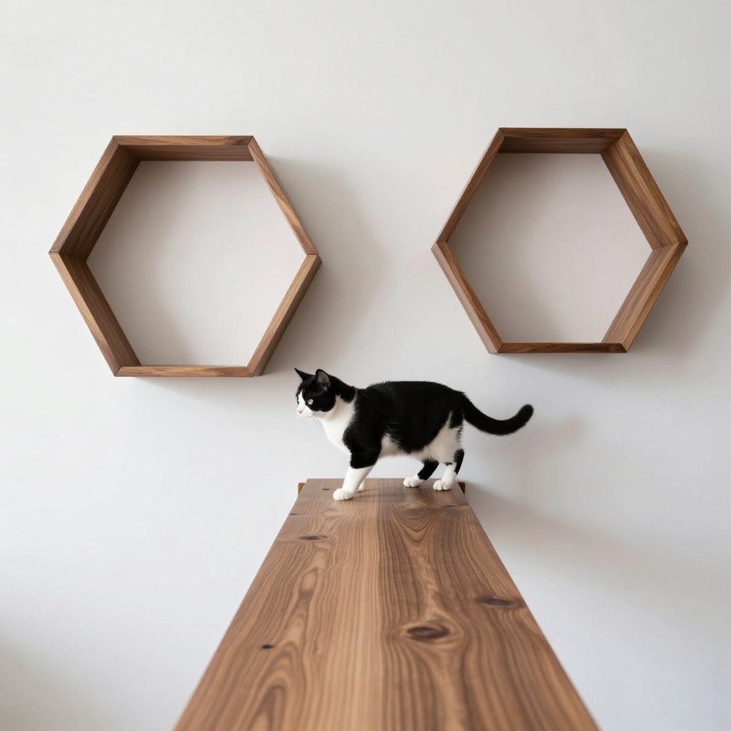 Solid wood plank cat bridge between geometric shelves