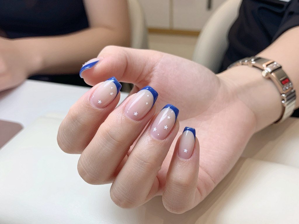 Sophisticated July nail art featuring blue French tips with white star details