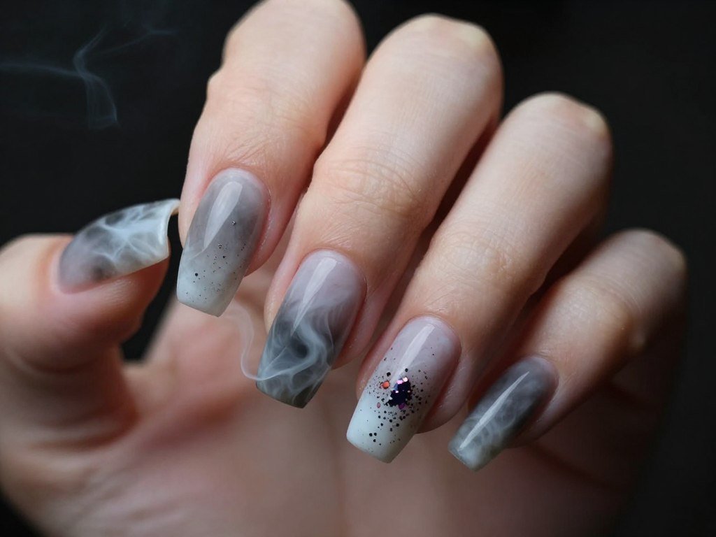 Sophisticated smoke trail gel nail designs with patriotic firework accents