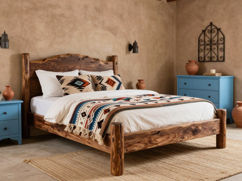 Southwestern bedroom with sky blue and adobe brown elements