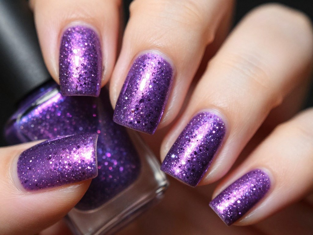 Sparkling purple glitter nail polish covering entire nail