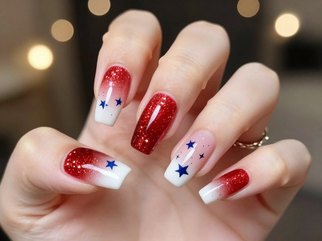 Sparkly 4th of July gel nail designs featuring red glitter gradient with blue stars