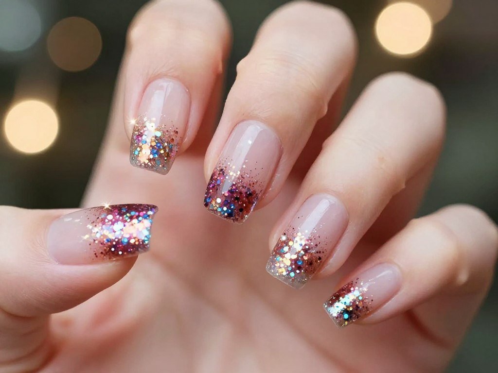 Sparkly Independence Day nail art with concentrated glitter explosion at tips