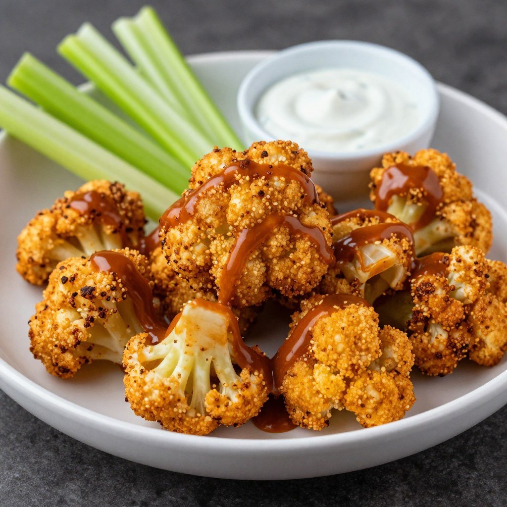 Spicy buffalo cauliflower bites from ninja crispi with crispy coating
